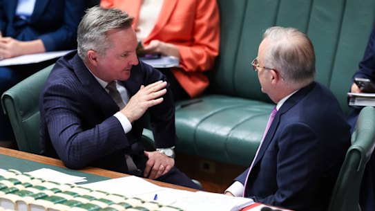 Minister for Climate Change and Energy Chris Bowen and Prime Minister Anthony Albanese during question time on Tuesday.
