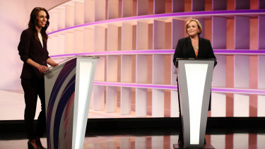Jacinda Ardern (left) and Judith Collins during the first live leaders' debate.