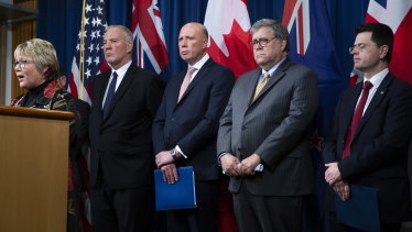 New Zealand Minister of Internal Affairs Tracey Martin (left) with Canadian Minister of Public Safety and Emergency Preparedness Bill Blair, Minister for Home Affairs of Australia Peter Dutton, US Attorney-General William Barr and Britain's Minister of State for Security James Brokenshire last week.