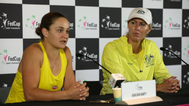 Ash Barty and Alicia Molik address the media following the 2019 Fed Cup final.