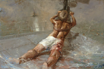 Dale Marsh's painting of Edward "Teddy" Sheean, strapped to an anti-aircraft gun on HMAS Armidale.