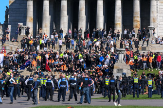 Police and protesters face-off at Melbourne’s Shrine of Remembrance on Wednesday.