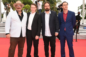 Producer Nick Batzias, actor Caleb Landry Jones, director Justin Kurzel and screenwriter Shaun Grant at the Cannes Film Festival premiere of Nitram.