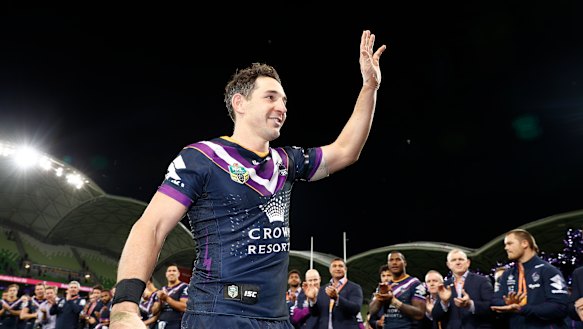 Fond farewell: Billy Slater bids adieu to fans on Friday night following his final appearance in Melbourne.