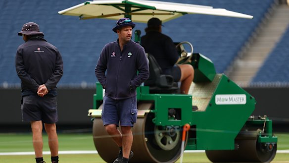 MCG curator Matt Page looks on during an Australia nets session on December 24.