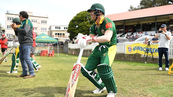 Return: Dumped Australian David Warner takes to the field during a match against St George at Coogee Oval. 