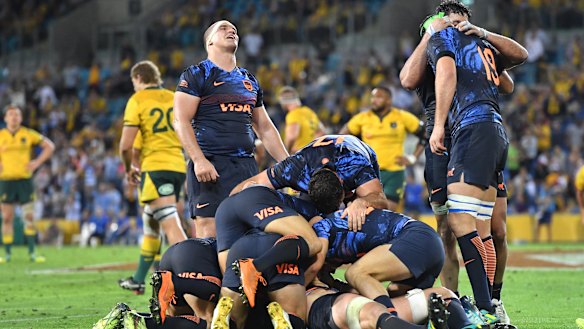 Breakthrough: Pumas players celebrate holding on for victory for the first time on Australian soil.