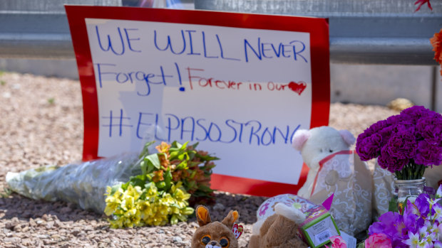 Flowers and toys adorn a makeshift memorial for the victims of the El Paso mass shooting in August.