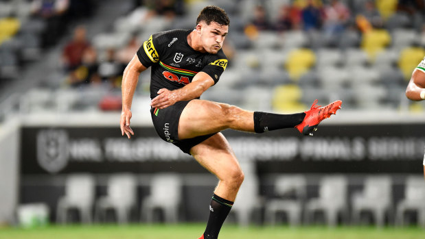 Nathan Cleary launches a clearing kick against South Sydney.