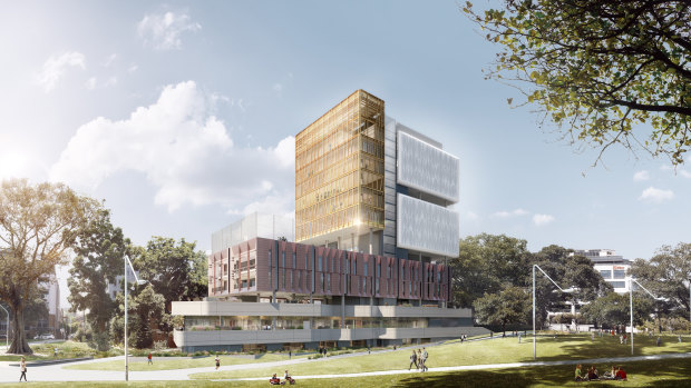 Artist's impression of Inner Sydney High School. The new school is located on the corner of Cleveland Street and Chalmers Street, overlooking Prince Alfred Park and adjacent to Central Station. 
