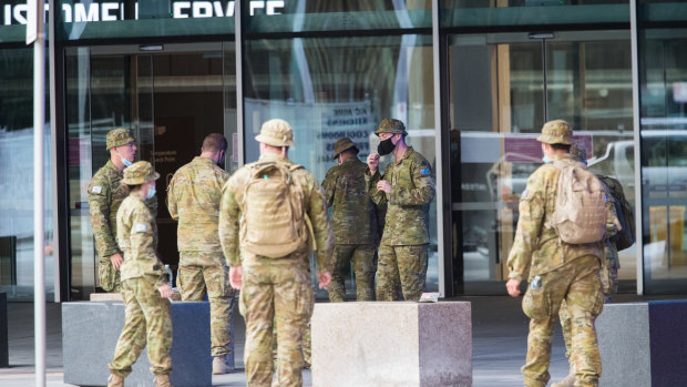 ADF personnel prepare for  quarantine hotels at the Convention Centre, known as "Jeff's Shed", in South Wharf.