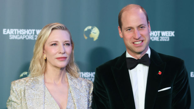 Prince William, right, joins actress Cate Blanchett on the Earthshot Prize green carpet in Singapore on Tuesday night.