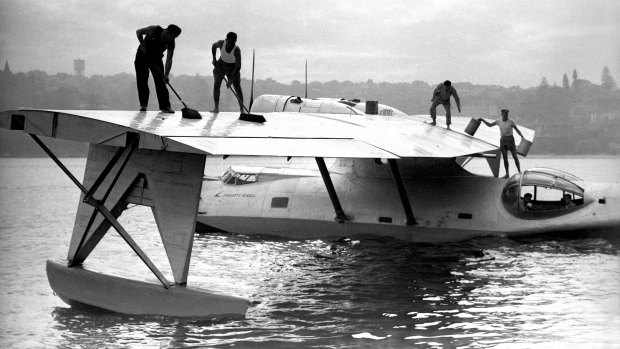 Catalina flying boat Frigate Bird II at Rose Bay on the day of its flight to Chile in March 1951. 