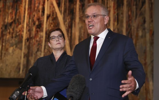 Prime Minister Scott Morrison and  Minister for Women Marise Payne at an International Women’s Day breakfast on Thursday.