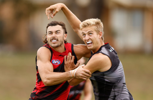 Essendon teammates Sam Draper and Nick Bryan do battle at training last month.