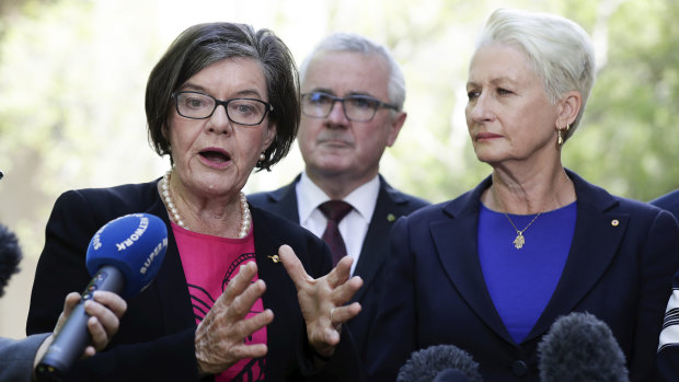Independent MP Cathy McGowan, left, pictured with Dr Kerryn Phelps, is preparing a private member's bill to establish a federal anti-corruption body.