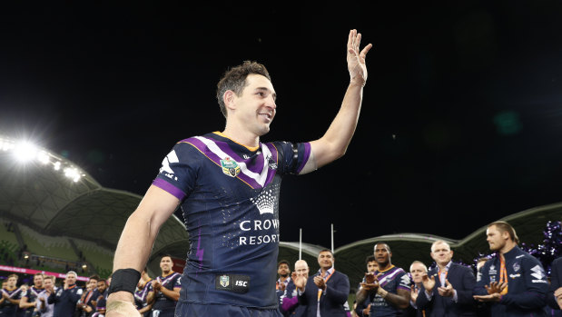 Fond farewell: Billy Slater bids adieu to fans on Friday night following his final appearance in Melbourne.