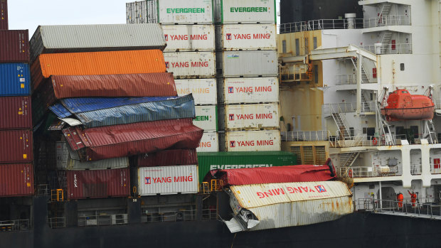 Damaged containers on the cargo ship YM Efficiency, which arrived at Port Botany in Sydney on Wednesday.