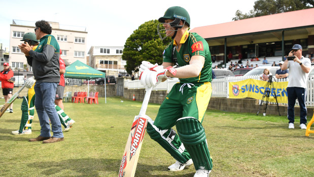 Return: Dumped Australian David Warner takes to the field during a match against St George at Coogee Oval. 