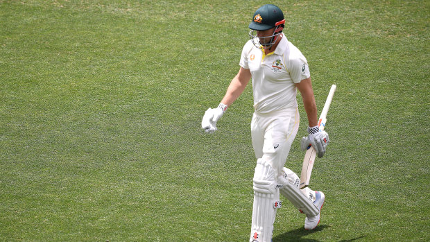 Shaun Marsh leaves the field after being dismissed for two in Adelaide on Friday.