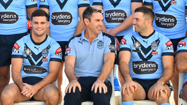 Brad Fittler with superstar players Nathan Cleary and James Tedesco during the 2021 State of Origin series.
