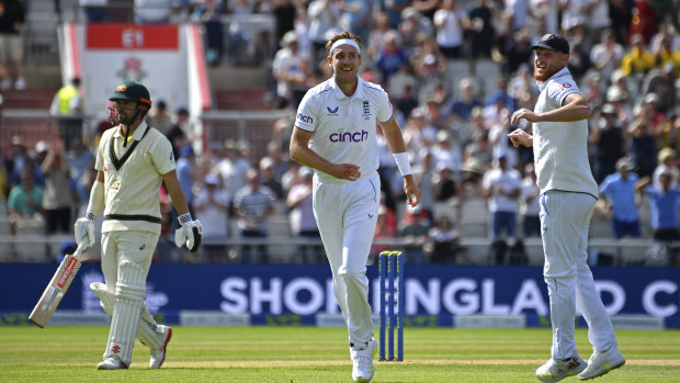 Stuart Broad celebrates his 600th Test wicket, at Old Trafford on Wednesday.
