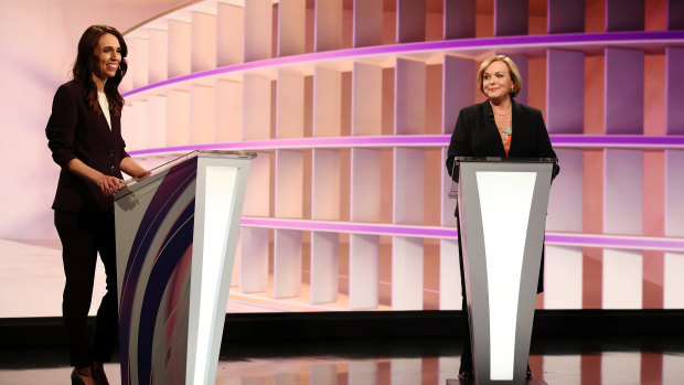 New Zealand Prime Minister Jacinda Ardern (left) and National Party leader Judith Collins during the first live leaders' debate ahead of the October 17 election.