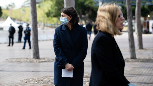 NSW Premier Gladys Berejiklian and Chief Health Officer Dr Kerry Chant at Wednesday’s COVID-19 briefing. 