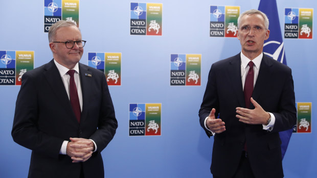 Australian Prime Minister Anthony Albanese speak with NATO Secretary General Jens Stoltenberg, right during the NATO summit.