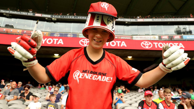 A Renegades fan supports his team wearing the traditional BBL crowd headgear.