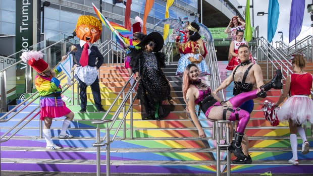 Participants in the 2021 Mardi Gras parade pose at the SCG on Friday.