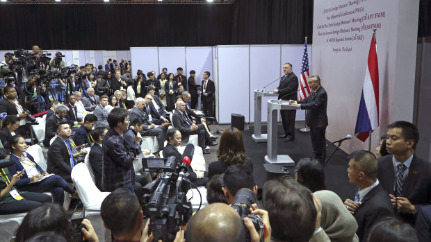 US Secretary of State Mike Pompeo, centre left, and Thai Foreign Minister Don Pramudwinai, right, hold a joint press conference during the ASEAN meeting in Bangkok.