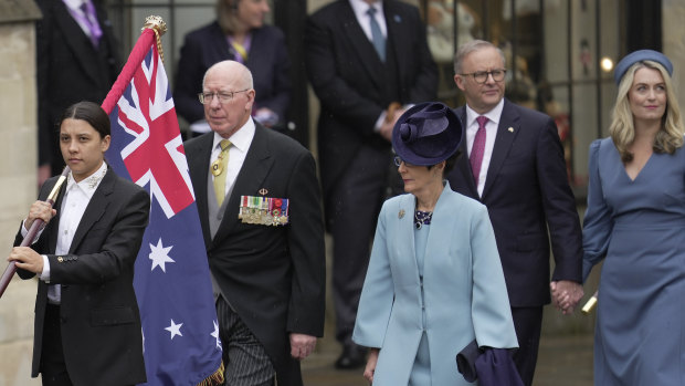 From left: Matildas captain Sam Kerr, Governor-General David Hurley with wife Linda, and Prime Minister Anthony Albanese with partner Jodie Haydon on the way to the coronation.