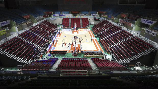 The stadium's seats are empty during the Korean Basketball League between Incheon Electroland Elephants and Anyang KGC clubs in Incheon, South Korea.