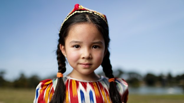 Shahida Mahpirof, dressed in traditional attire during a Uighur community event in Adelaide.