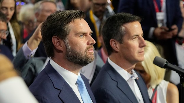 Vance watches with Republican Senate candidate Bernie Moreno at the Republican National Convention on July 15, 2024.