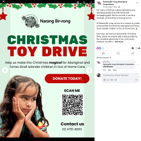 NBAC uses charities such as Food Bank and runs toy drives to supply items to families and children in its care.