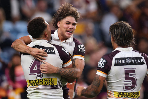 Reece Walsh scored a try in Brisbane’s big win over the Sydney Roosters.