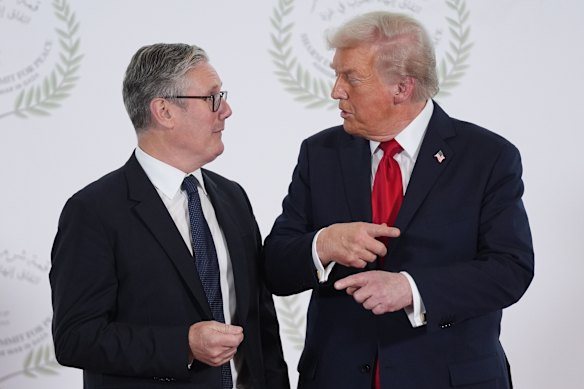 President Donald Trump greets Britain’s Prime Minister Keir Starmer during a summit in October 2025.