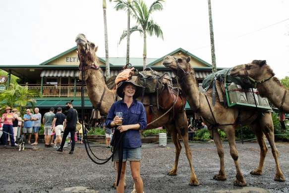 Sophie Matterson stops for a beer at the Eltham pub in northern NSW. 