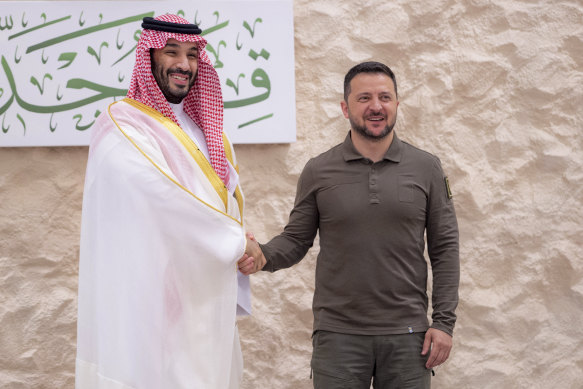 Saudi Crown Prince Mohammed bin Salman greets Ukraine’s President Volodymyr Zelensky during the Arab summit.