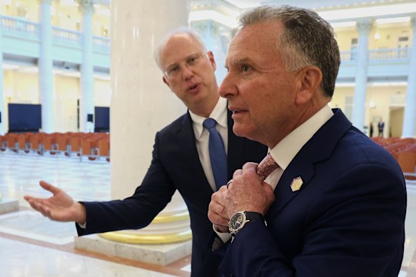 The latest deal has been thrashed out by Putin’s investment envoy Kirill Dmitriev (left) and Trump’s envoy Steve Witkoff, seen together here in St Petersburg in April.