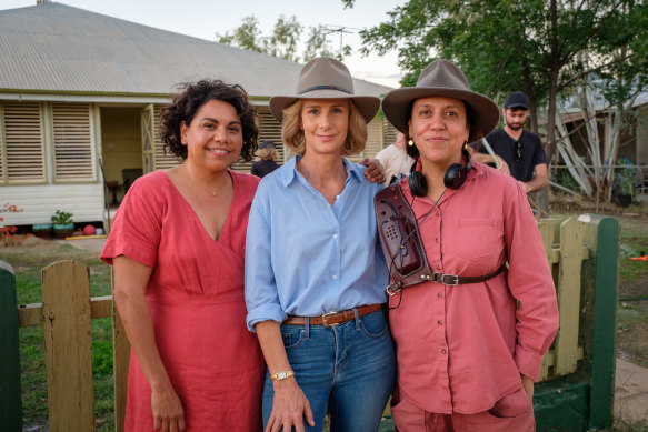 Total Control's lead actors, Deborah Mailman and Rachel Griffiths, and director Rachel Perkins during filming. 