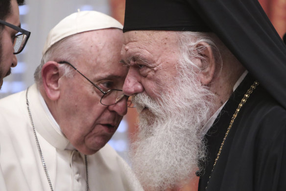 Pope Francis meets Archbishop of Athens and leader of Greece’s Orthodox Church, Ieronymos II, at the Orthodox archbishopric in Athens, Greece, on December 4, 2021. 