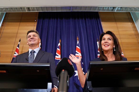 Liberal leader Angus Taylor and deputy leader Jane Hume speak during a press conference after a Liberal Party leadership spill. 