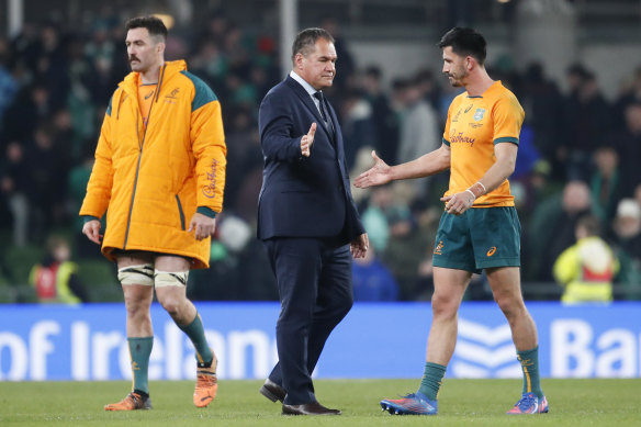 Dave Rennie and Jake Gordon after the Wallabies' loss to Ireland.