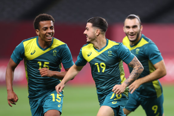 Marco Tilio (No.19) celebrates after scoring Australia’s second goal against Argentina on Thursday in Sapporo. 