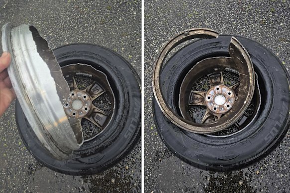 Evan Barrand helped to change a tyre with an alloy rim split in half by a pothole.