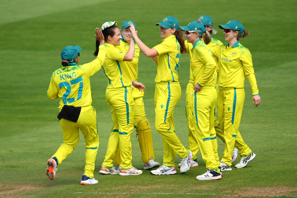 Australia’s cricketers celebrate during their win over Pakistan at Edgbaston this week.