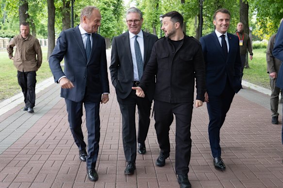 (L-r) Poland’s Prime Minister, Donald Tusk, British Prime Minister Sir Keir Starmer, Ukrainian President Volodymyr Zelensky and French President Emmanuel Macron at the Presidential Palace in Kyiv, Ukraine last month.
